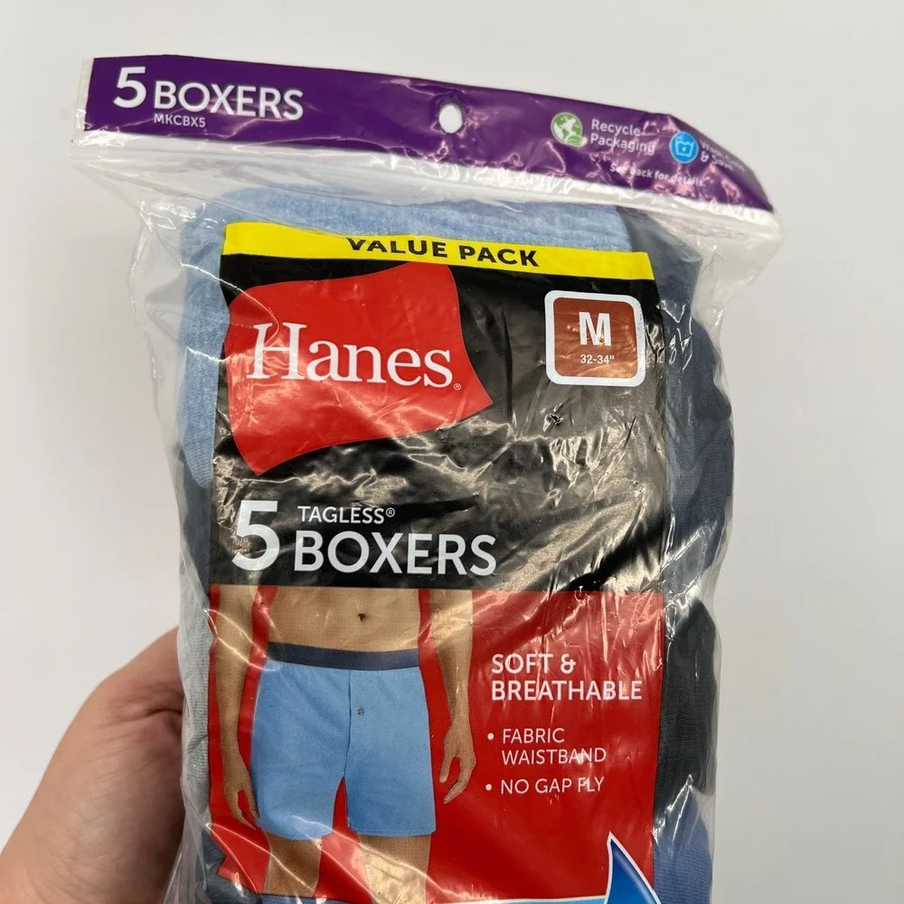 Hanes Tagless Boxers soft breathable wicking cool comfort M 5 value pack